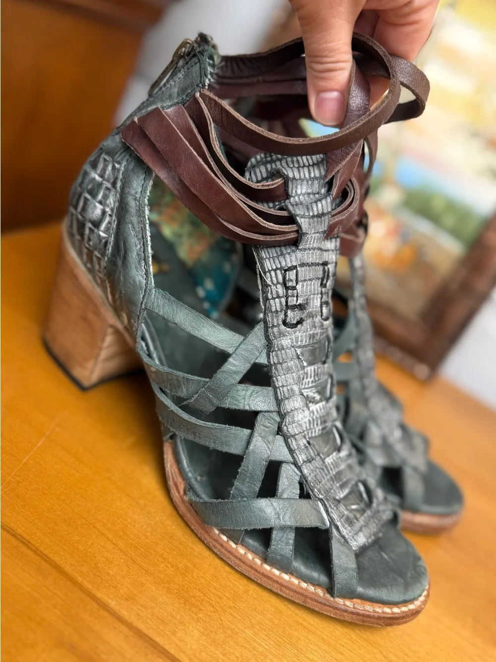 Freebird By Steven Dark Teal Leather Block Heel Sandals Brown Ankle Straps Sz 9